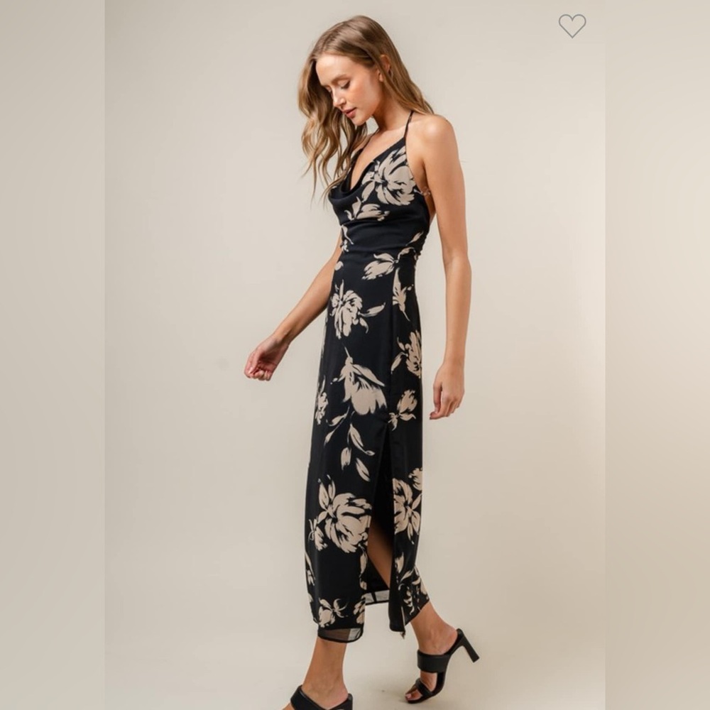 Cowl Neck Open back pack/khaki floral dress